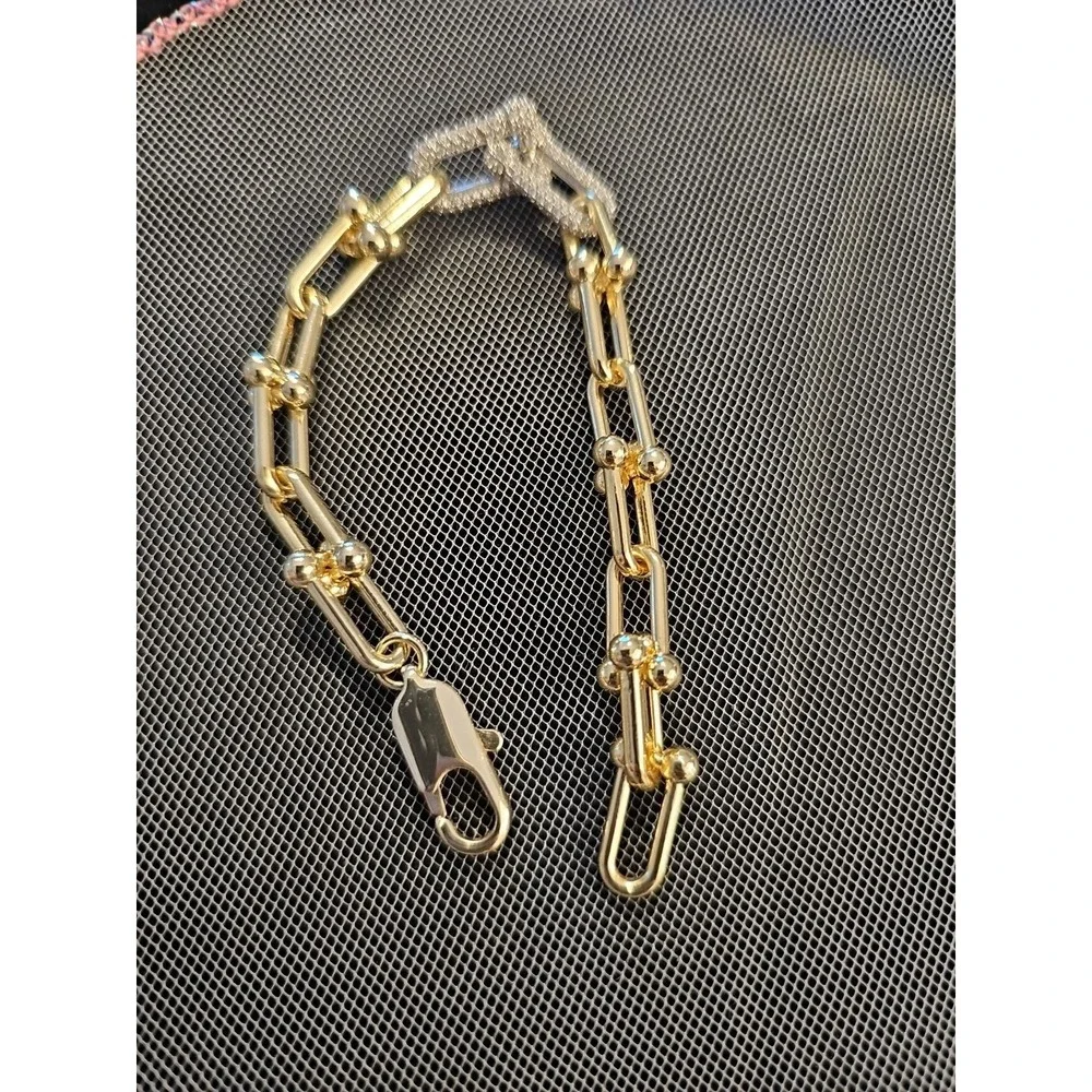 Horse Bit Chunky‎ Gold Tone Bracelet With Cubic Zirconia Links